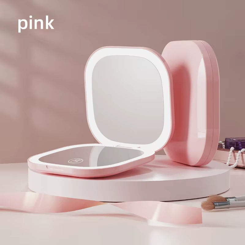 Double Sided LED Makeup Mirror Adjustable Color 3X Magnification USB Charging Portable Folding Mirror for Women'S Outdoor Use